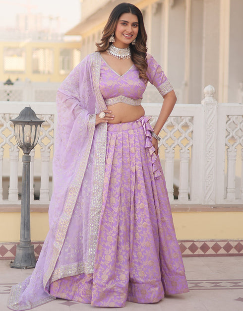 Designer Wedding Party Wear Heavy Lehenga Choli Collection Purple Pure Dyeable Viscose Jacquard Lehenga Choli Close-up View